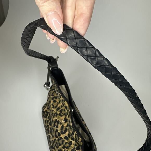 Brighton Leopard Animal Print Leather Shoulder Bag Silver Hardware Braided Strap - Picture 5 of 16